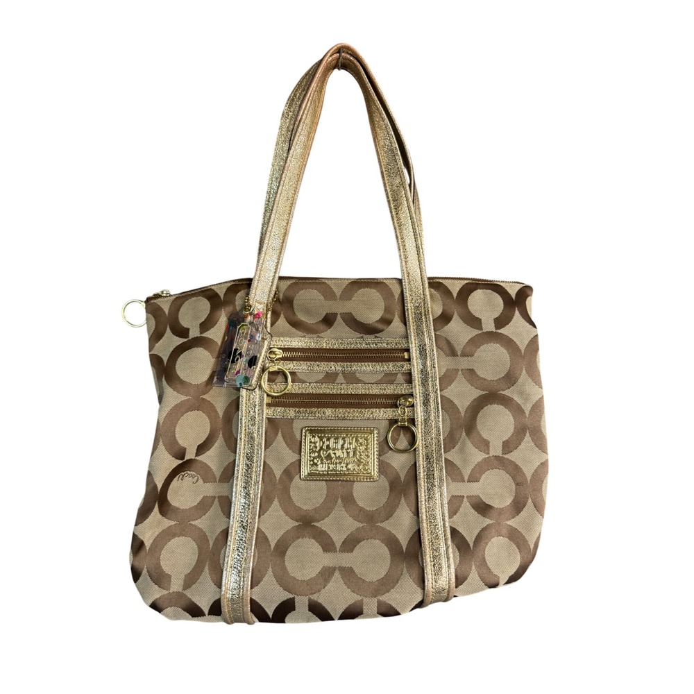 Coach Poppy Signature Canvas Tote Bag Brown Gold Metallic Trim 14570